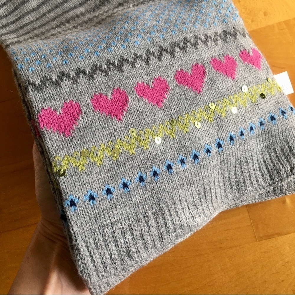 Dearfoams Fairisle Striped Scarf with Hearts, Sequins, Fray, Pink, Green - Picture 5 of 16